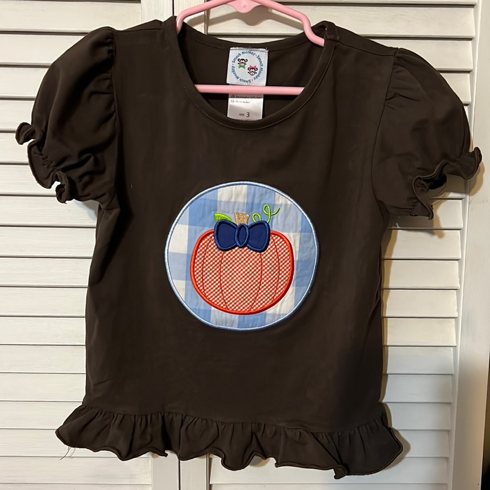 Girls pumpkin embroidered appliqué Fall Halloween shirt